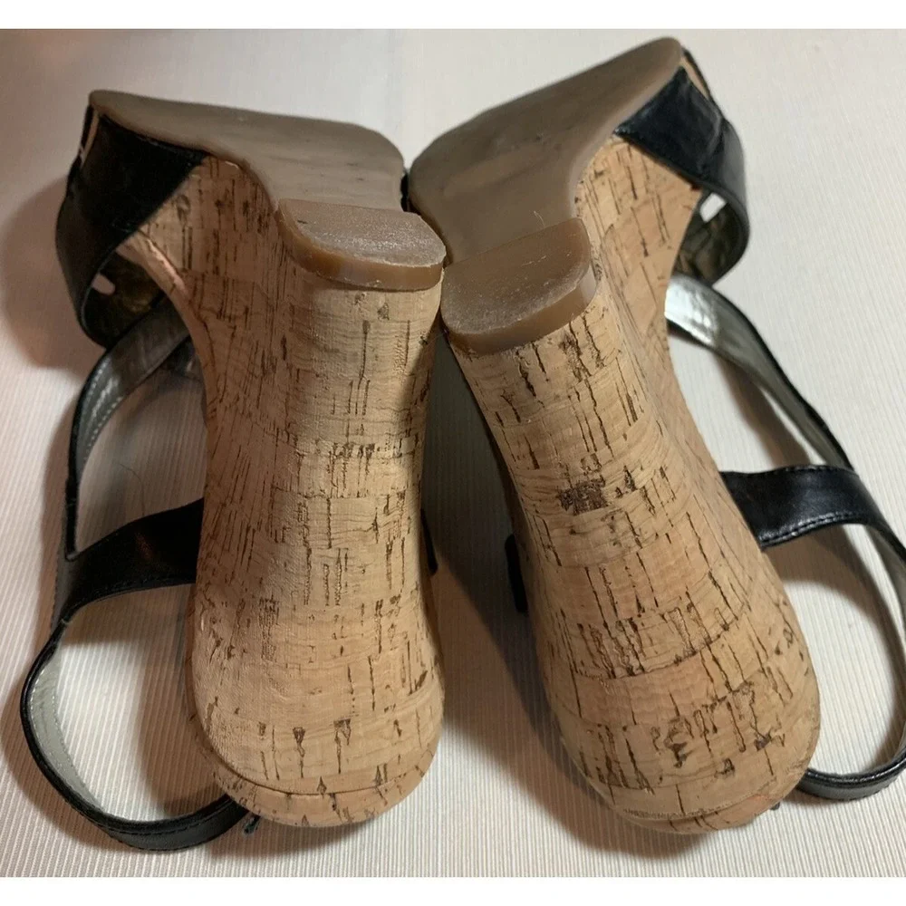 GUESS STRAPPY CORK WEDGE SANDALS 7.5 M BLACK